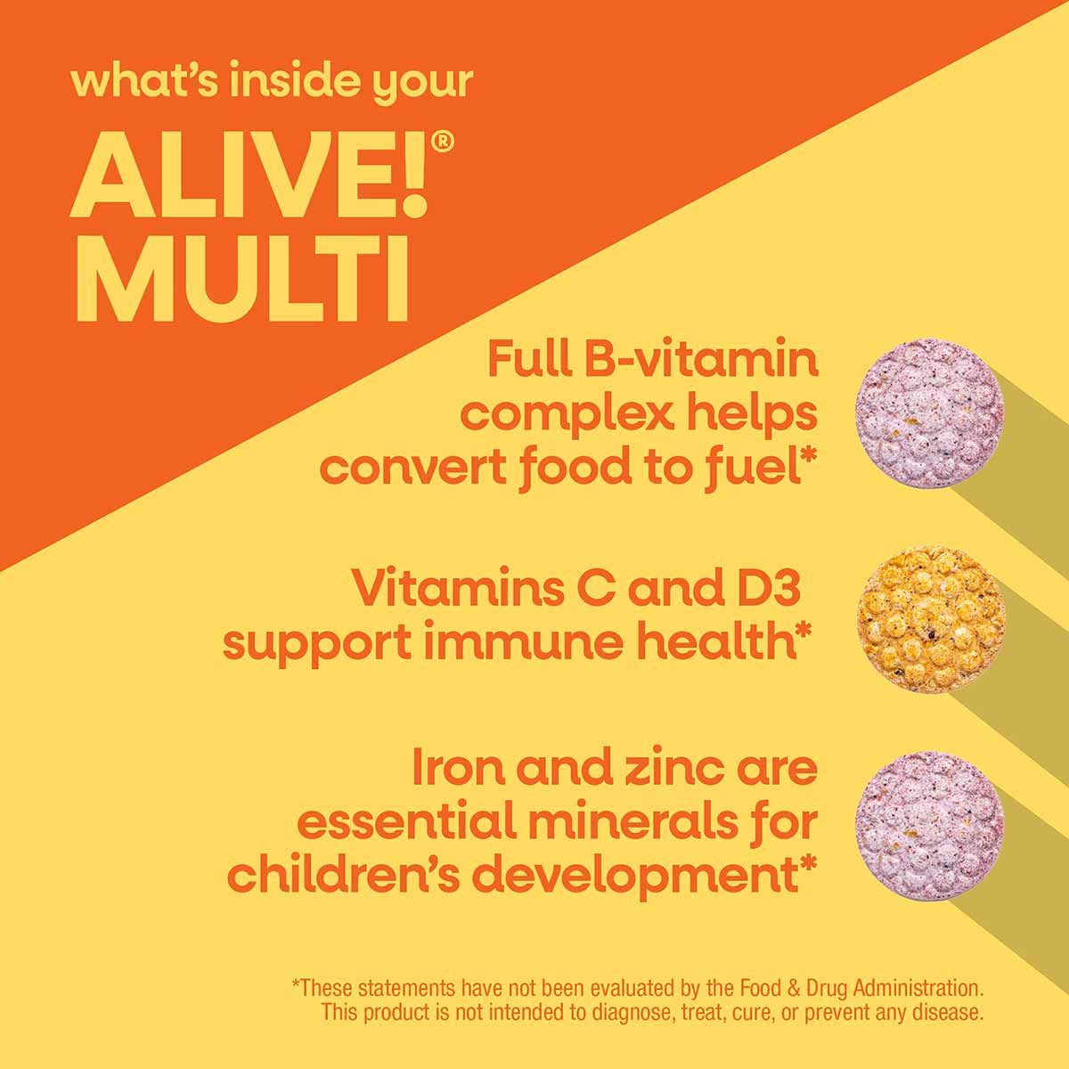 Alive! Multi chewable multivitamin package with orange and yellow background showing three colored vitamin tablets and produc