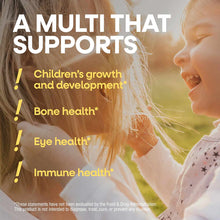 Close-up of a young child's face in sunlight with text listing multivitamin benefits.