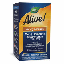 Alive! Max3 Potency Men's Complete Multivitamin bottle with blue and gold packaging containing 90 tablets.