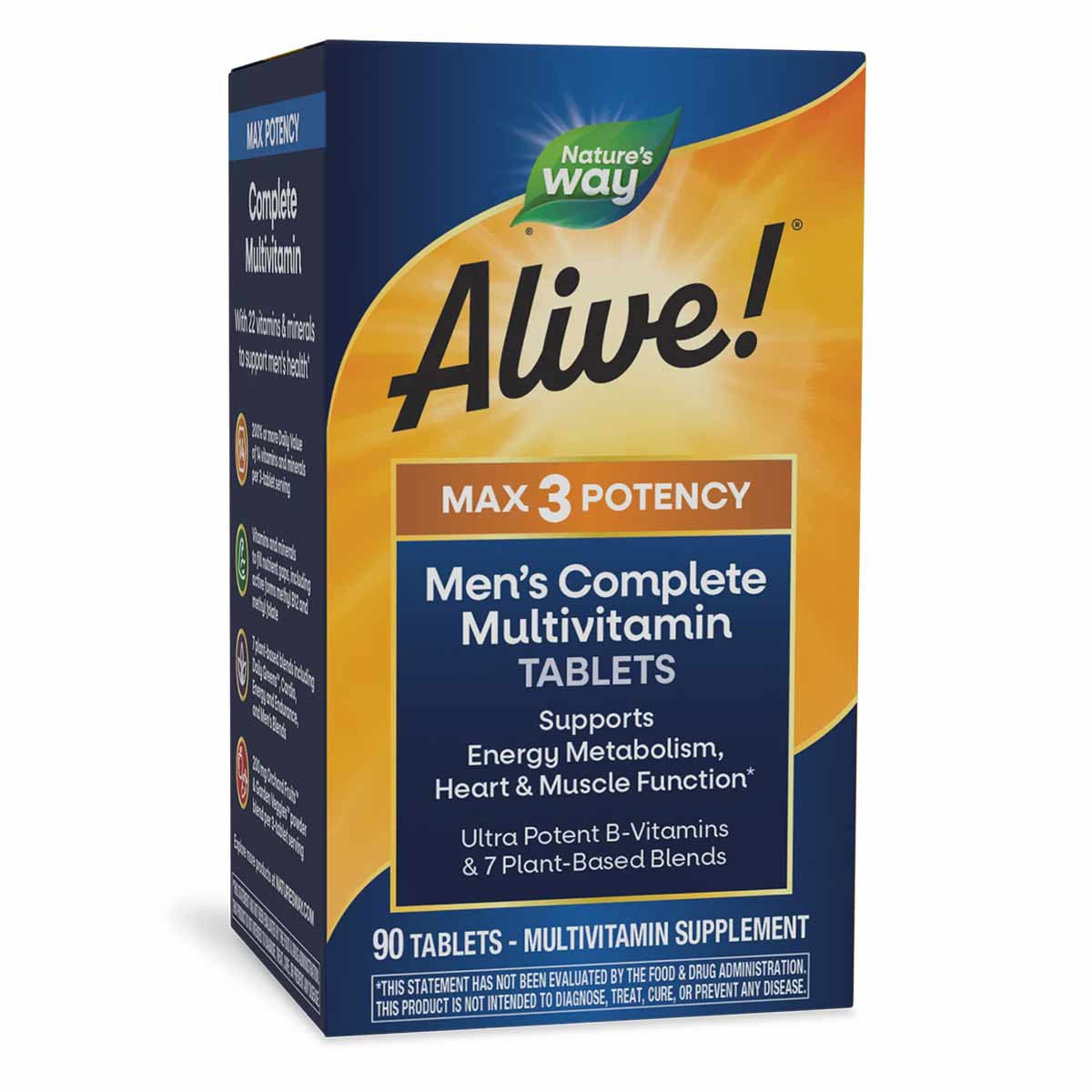Alive! Max3 Potency Men's Complete Multivitamin bottle with blue and gold packaging containing 90 tablets.