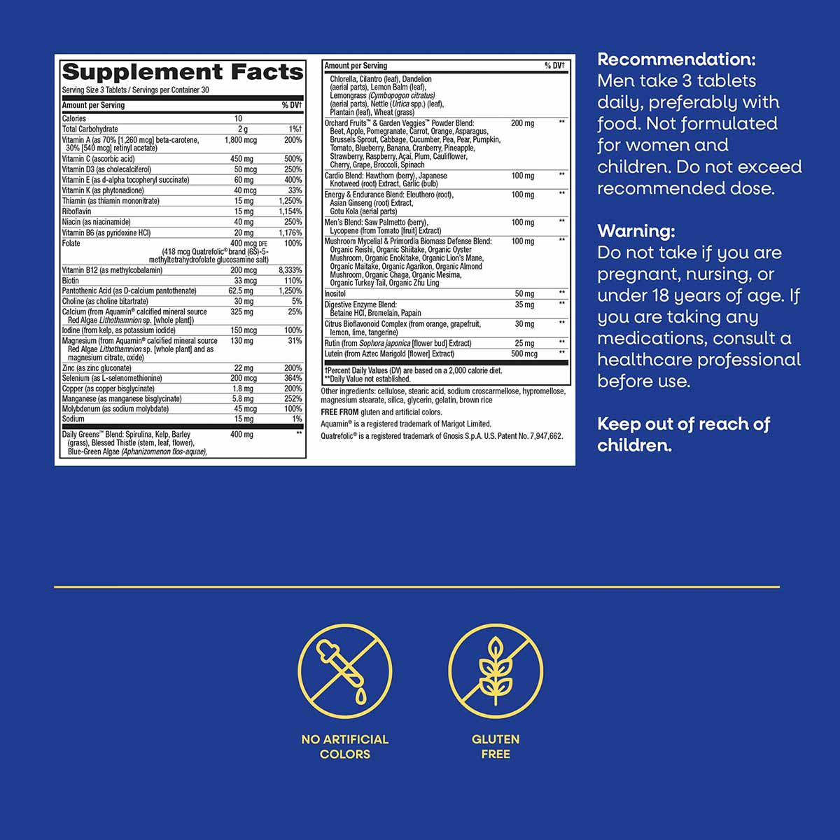 Supplement Facts label for Alive Max3 Daily Men's Energizer Multi on blue background with usage recommendations and warning t
