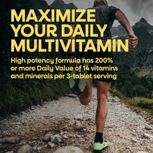 Alive Max3 Daily Men's Energizer Multi multivitamin tablets in bottle with yellow and black packaging.