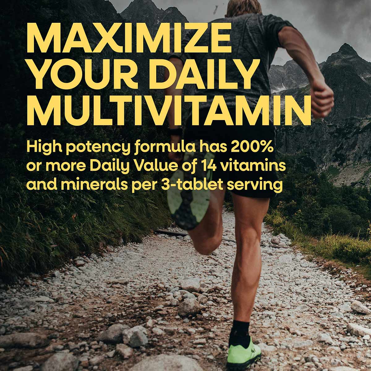 Alive Max3 Daily Men's Energizer Multi multivitamin tablets in bottle with yellow and black packaging.