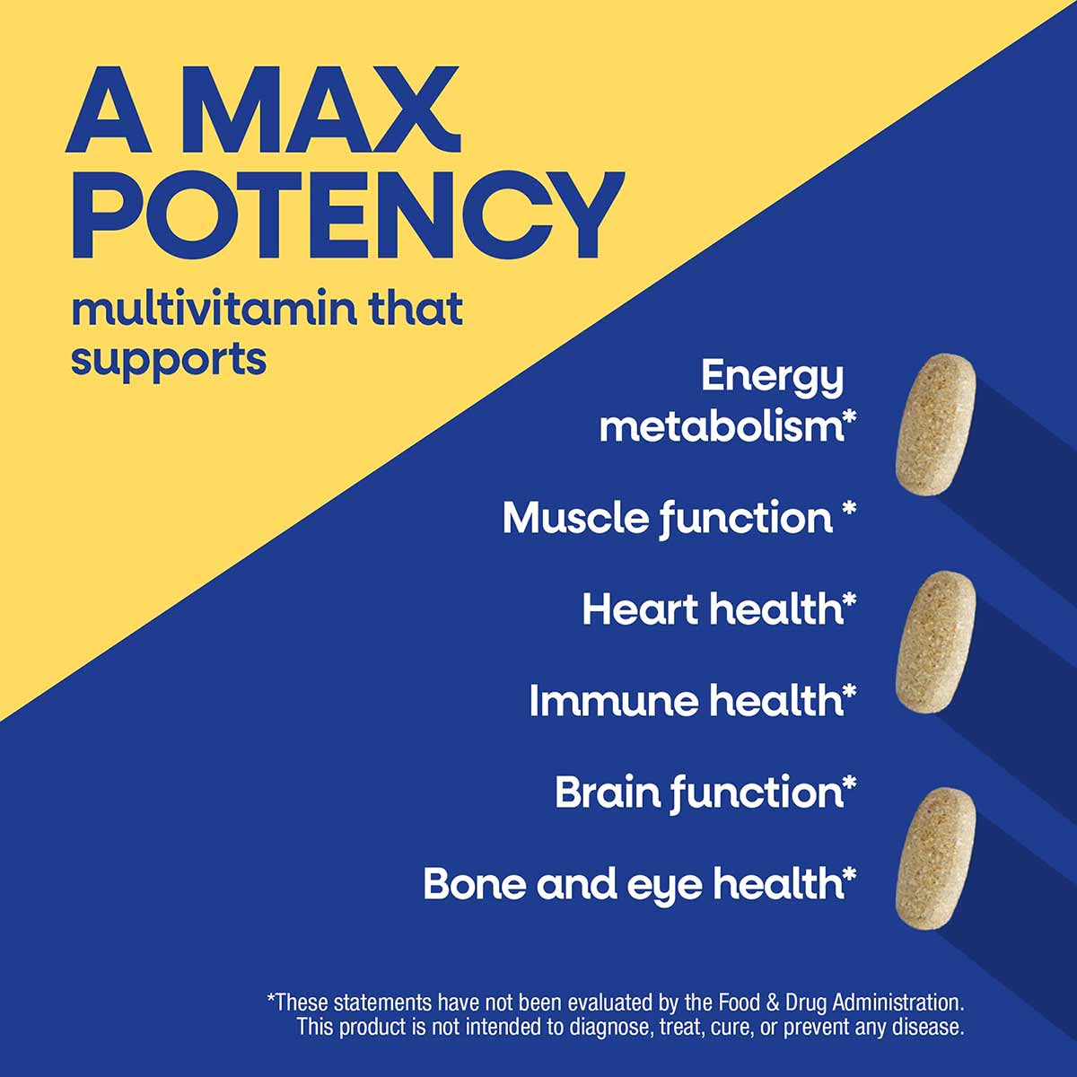 Alive Max3 multivitamin package with three tan capsules displayed on blue and yellow background listing health benefits.
