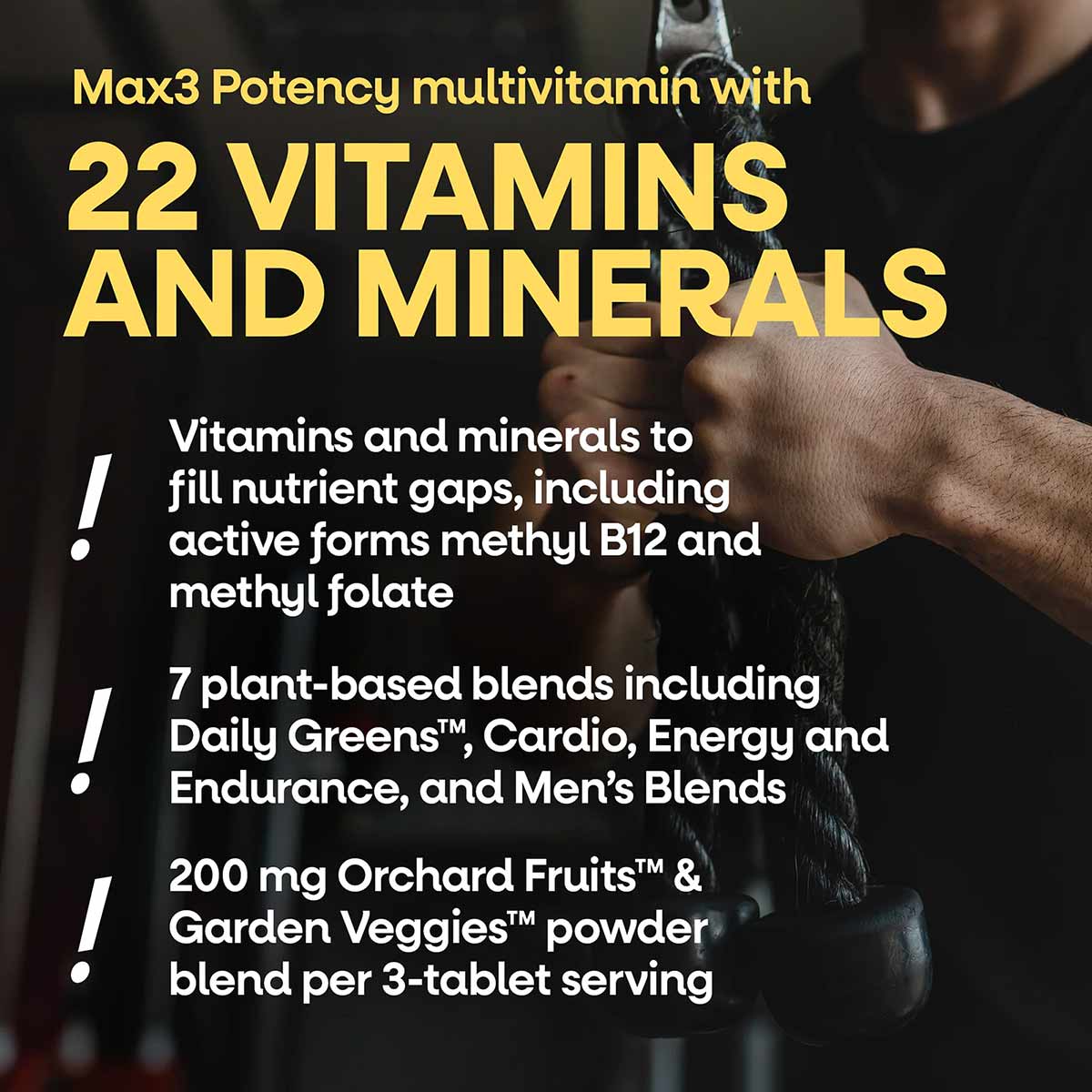 Man's arm holding a bottle of Alive Max3 Daily Men's Energizer Multi multivitamin supplement.