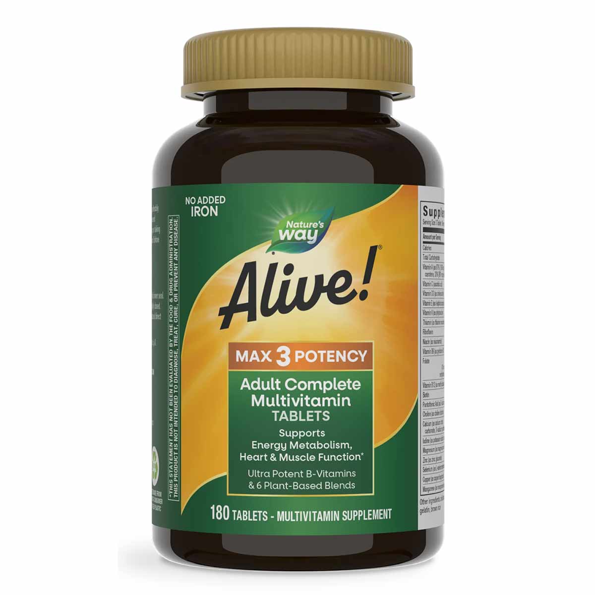 Dark brown bottle with gold cap labeled "Alive! Max 3 Potency Adult Complete Multivitamin Tablets, No Added Iron, 180 tablets