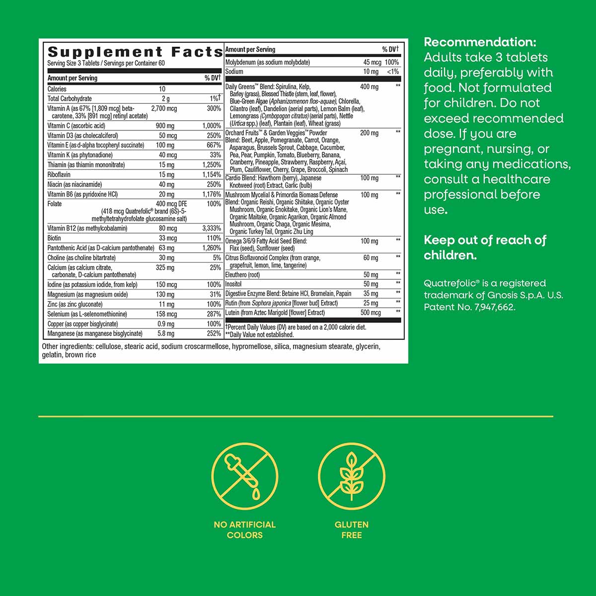Supplement facts label for Alive Max3 Daily Multi-Vitamin with recommendation text and icons indicating no artificial colors 