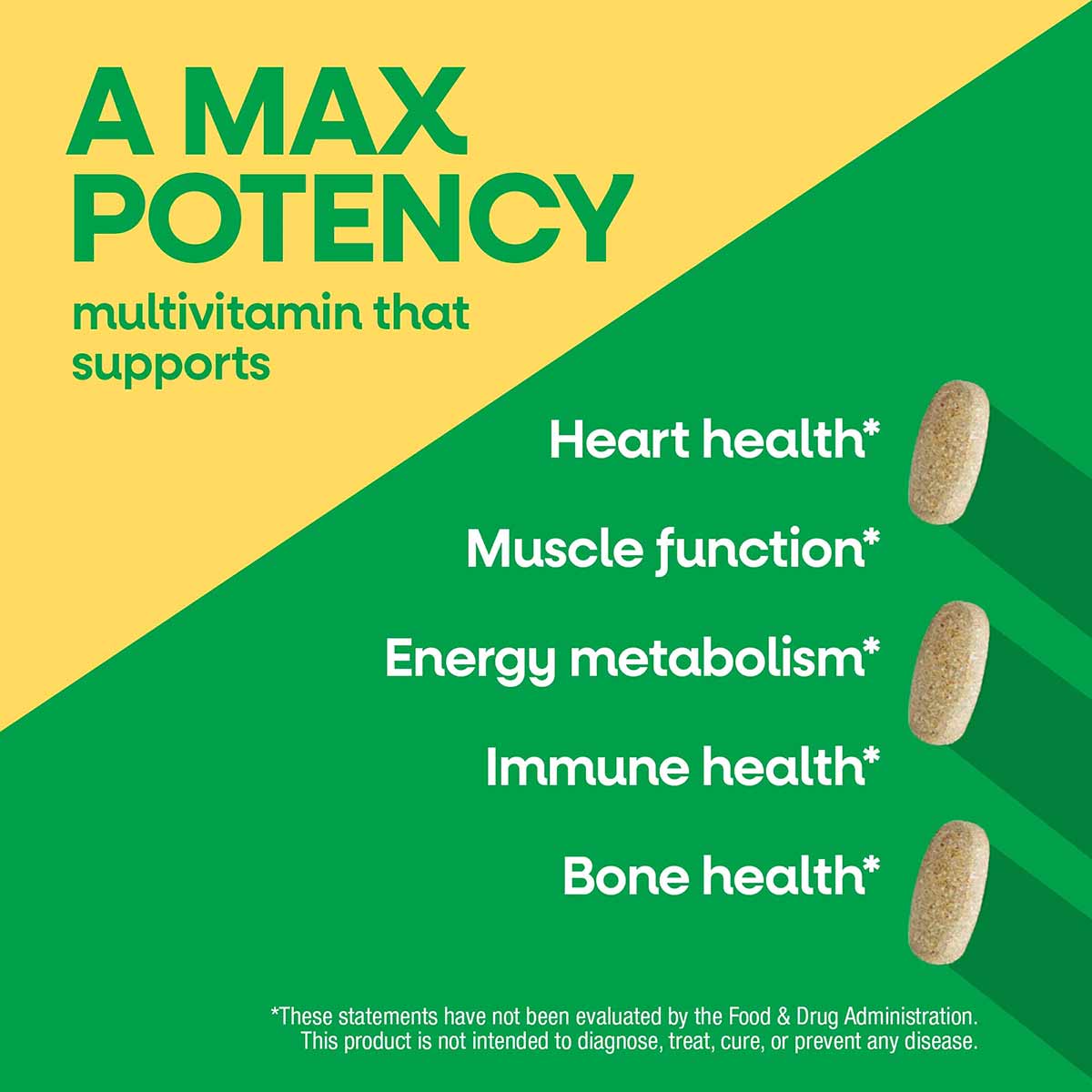 Alive Max3 multivitamin capsules on yellow and green background with text listing health benefits.
