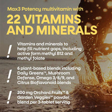 Bottle of Alive Max3 Daily Multi-Vitamin with yellow text listing 22 vitamins and minerals on brown background with splashing