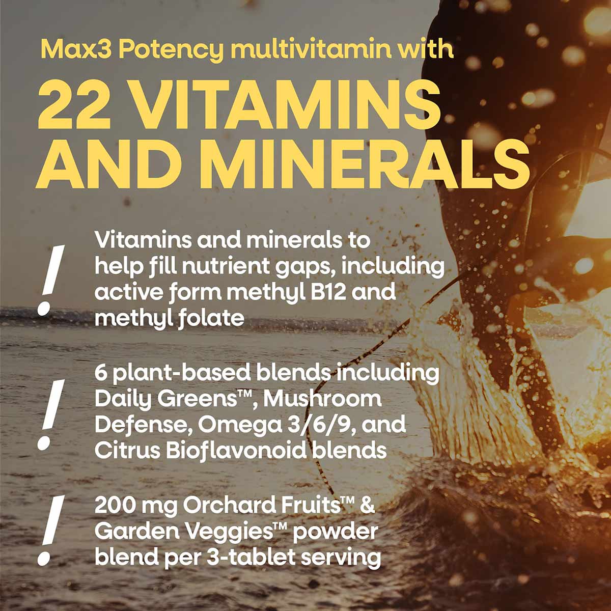 Bottle of Alive Max3 Daily Multi-Vitamin with yellow text listing 22 vitamins and minerals on brown background with splashing
