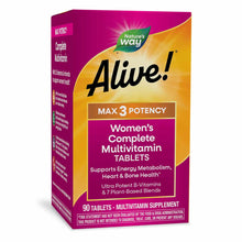 Nature's Way Alive Max3 Potency Women's Complete Multivitamin bottle containing 90 tablets with magenta and gold packaging.
