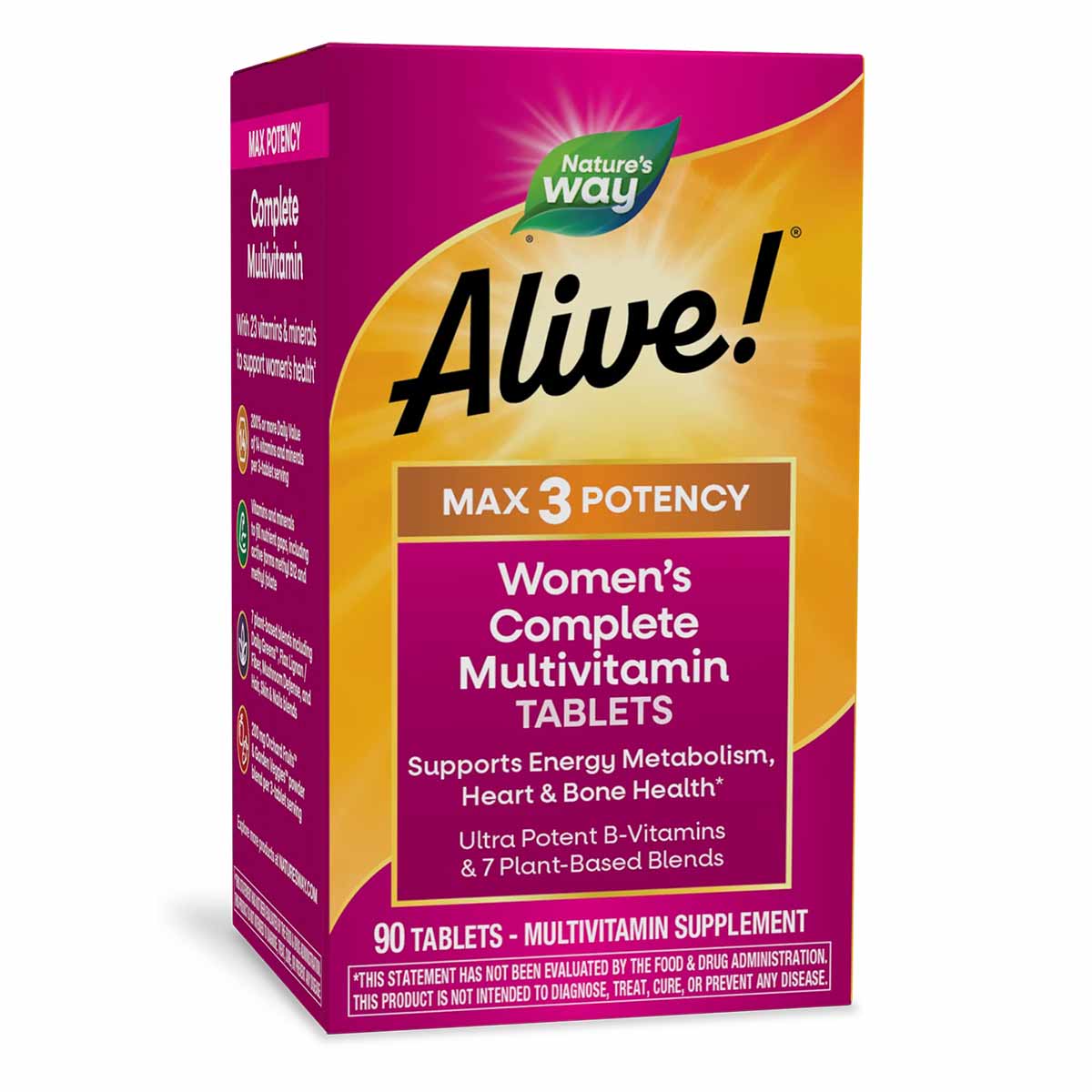 Nature's Way Alive Max3 Potency Women's Complete Multivitamin bottle containing 90 tablets with magenta and gold packaging.