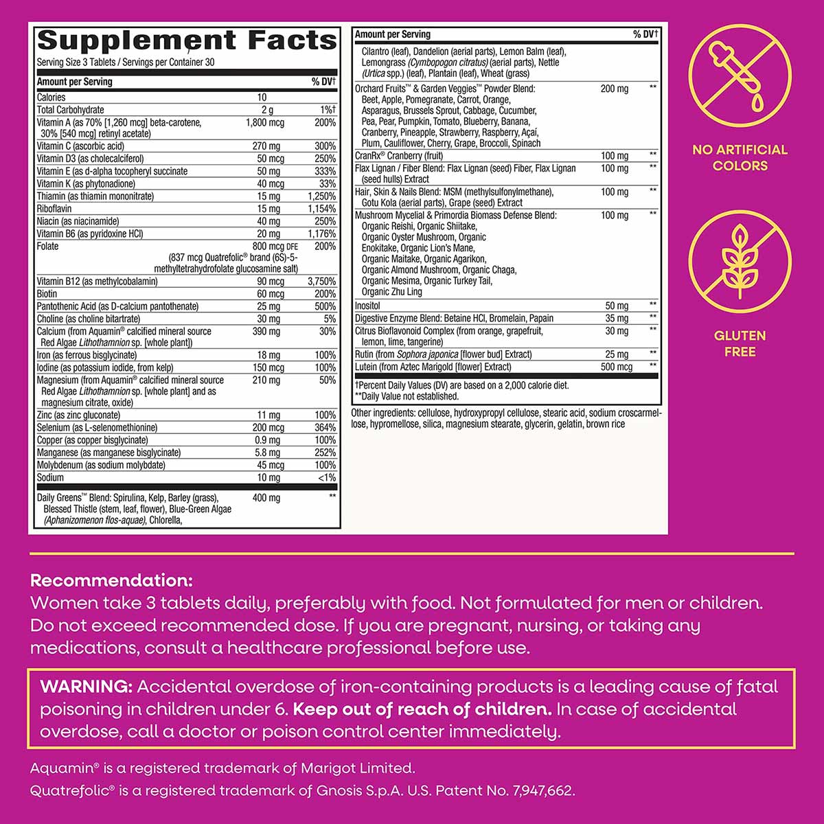 Supplement Facts label for Alive Max3 Potency Womens Multivitamin showing serving size, nutrient amounts, and ingredient list