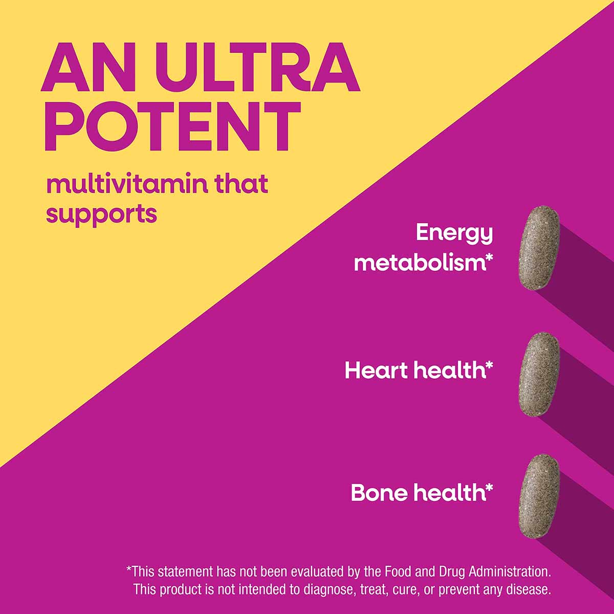 Package box for Alive Max3 Potency Women's Multivitamin with yellow and magenta design showing three green capsules and text 