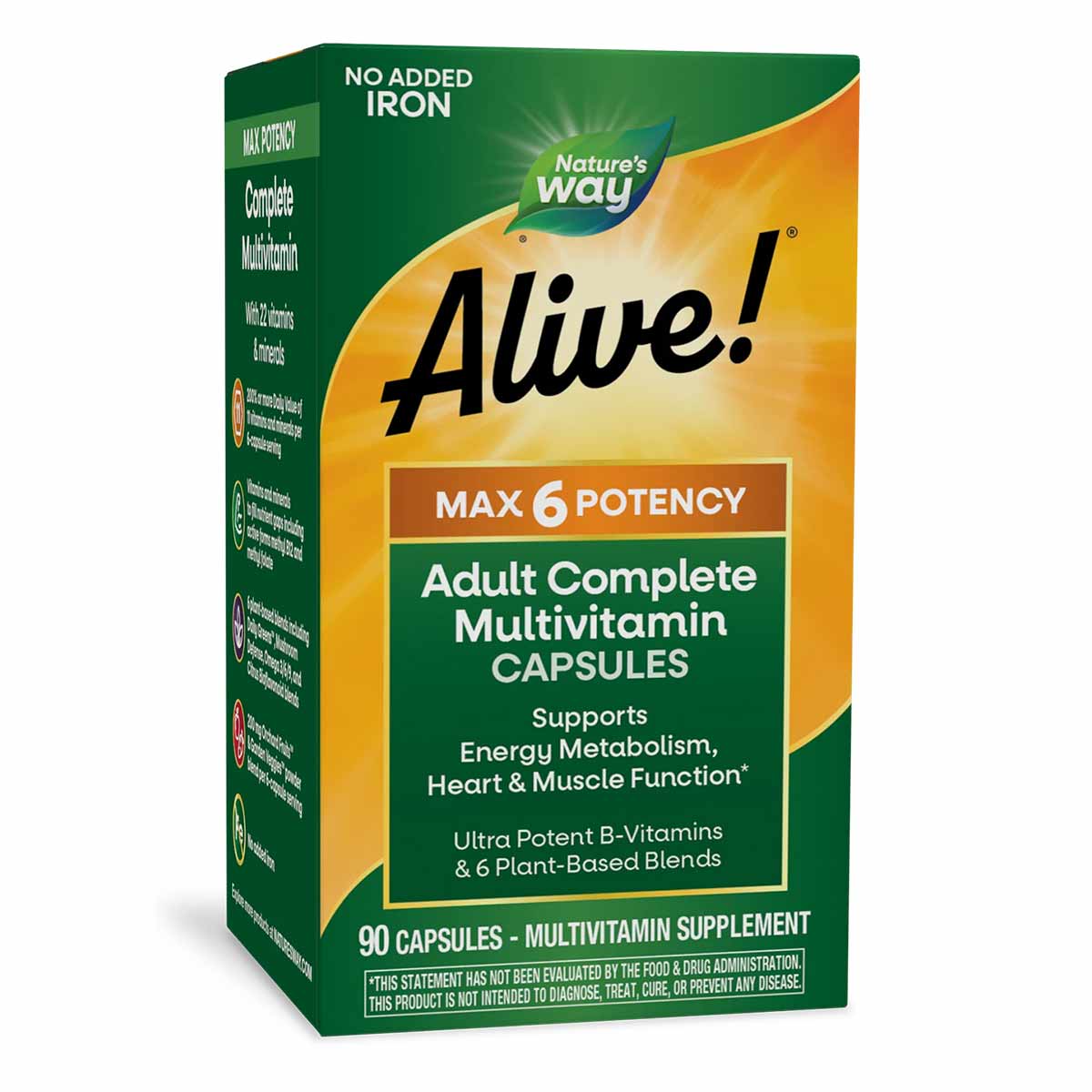 Alive Max6 Daily Multivitamin box with green and yellow packaging, 90 capsules, no iron added.