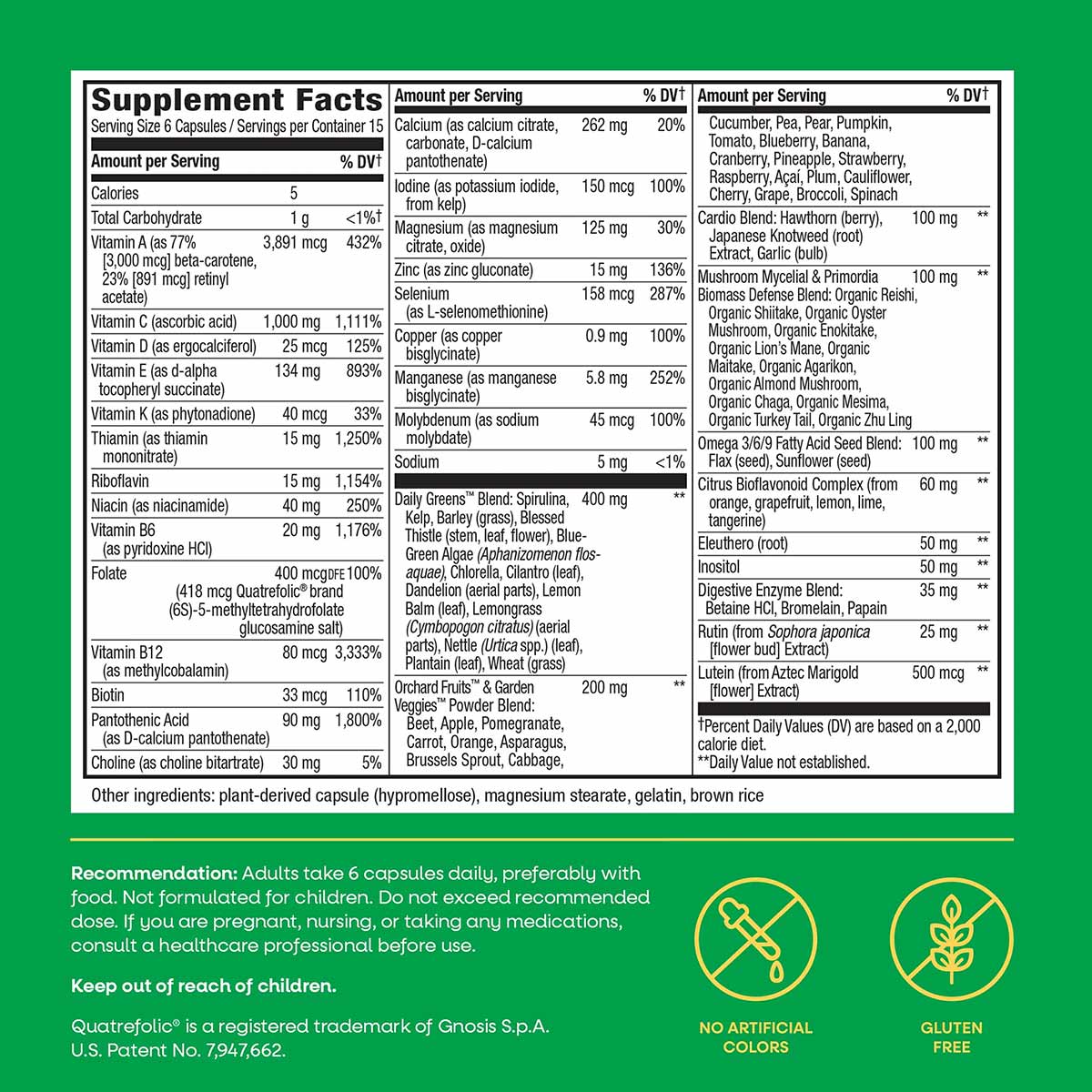 Supplement Facts label for Alive Max6 Daily Multi-Vitamin showing nutritional information, serving size of 6 capsules, and in