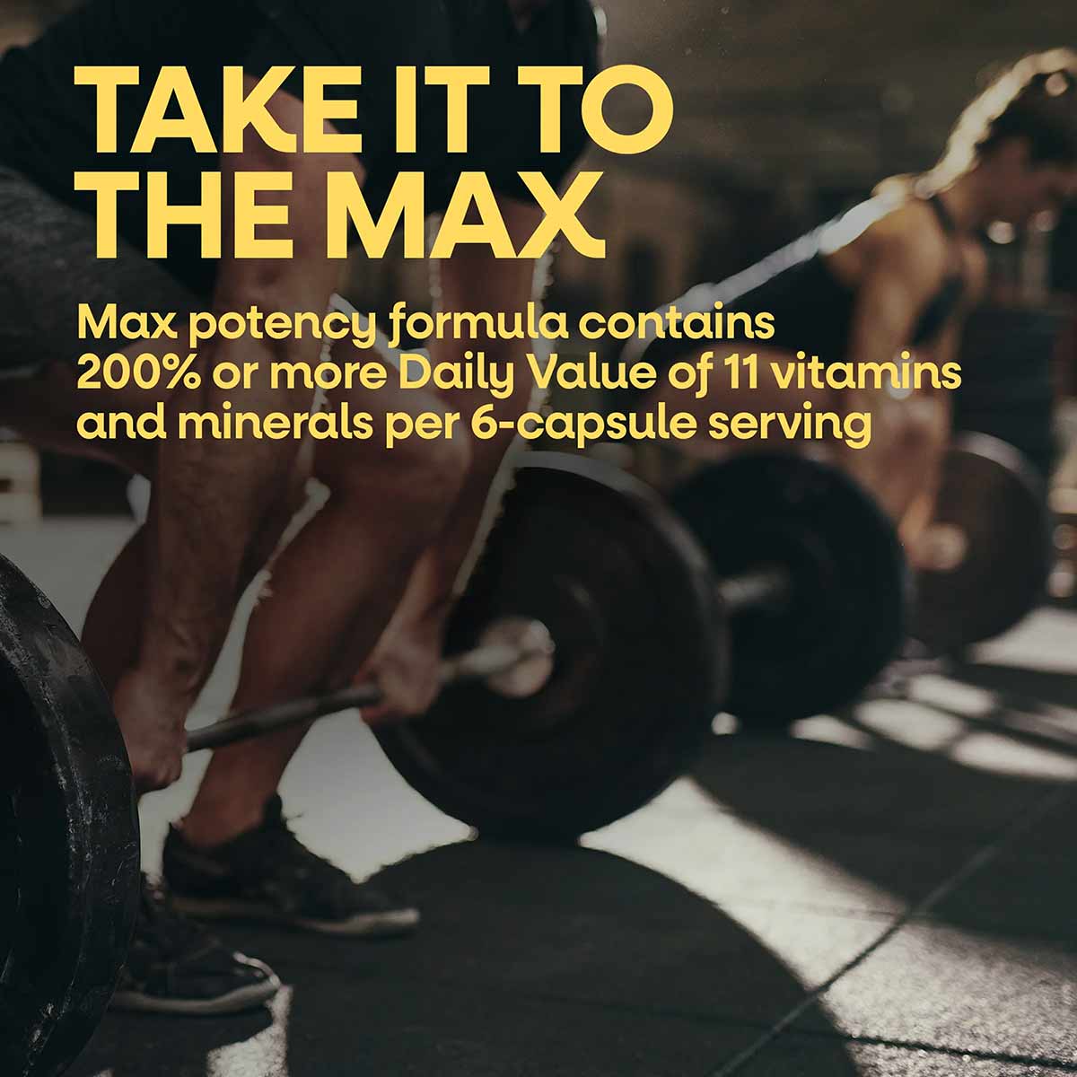 Yellow text overlay on background of person lifting dumbbell at gym.