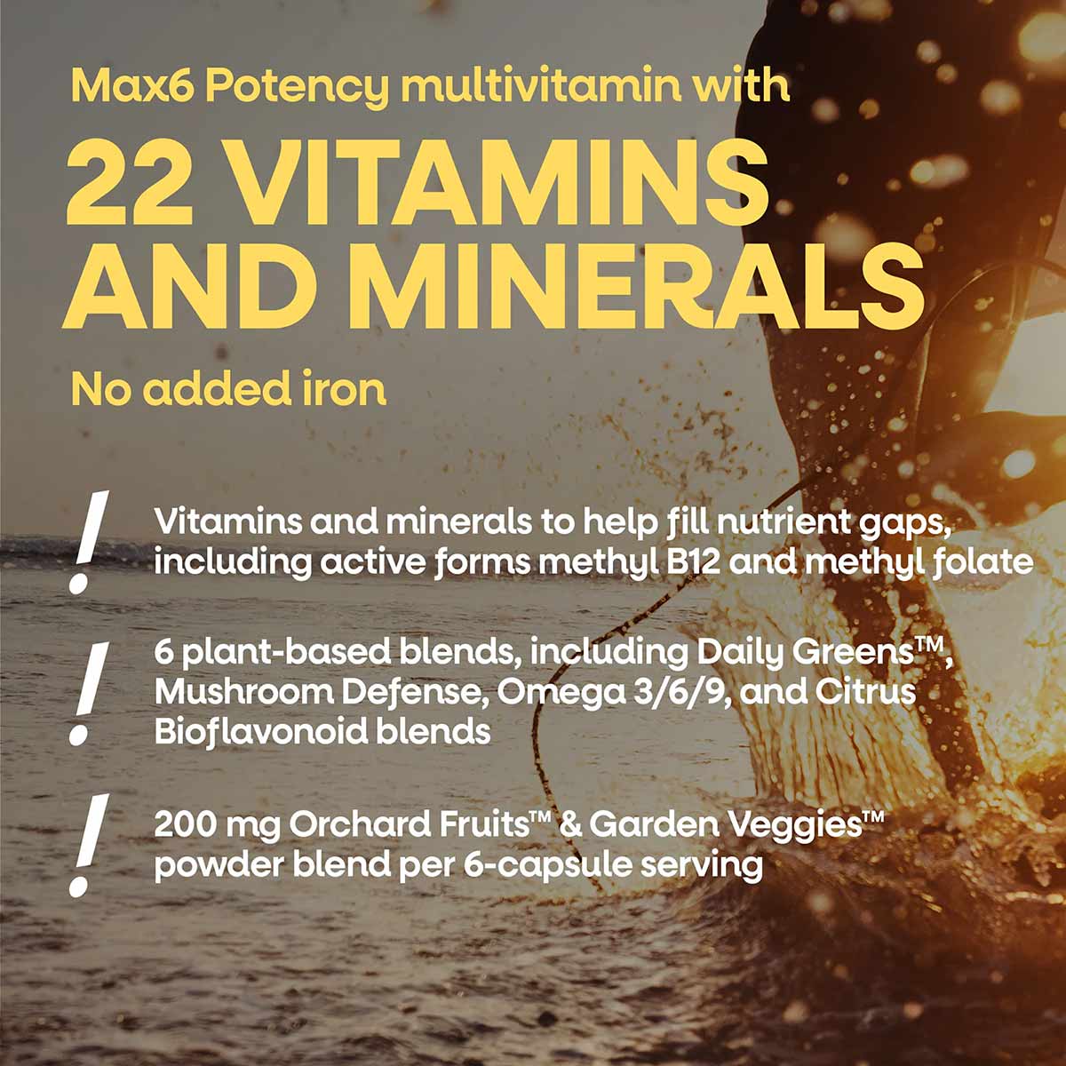 Alive Max6 multivitamin bottle with product information text displayed on packaging, featuring water splash background.
