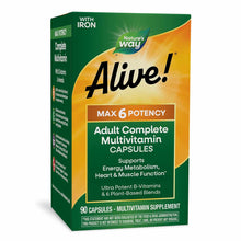 Alive! Max 6 Potency Adult Complete Multivitamin capsules bottle with green and yellow label containing 90 capsules.