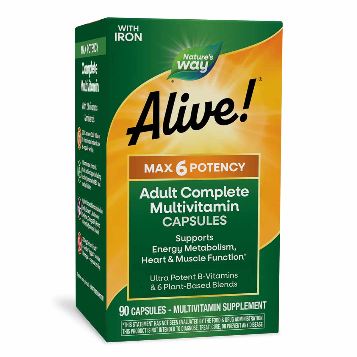 Alive! Max 6 Potency Adult Complete Multivitamin capsules bottle with green and yellow label containing 90 capsules.