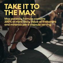 Person lifting dumbbell during workout with yellow text overlay describing vitamin formula benefits.