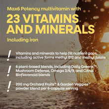 Alive Max6 multivitamin bottle with yellow text listing 23 vitamins and minerals, plant-based blends, and product details.
