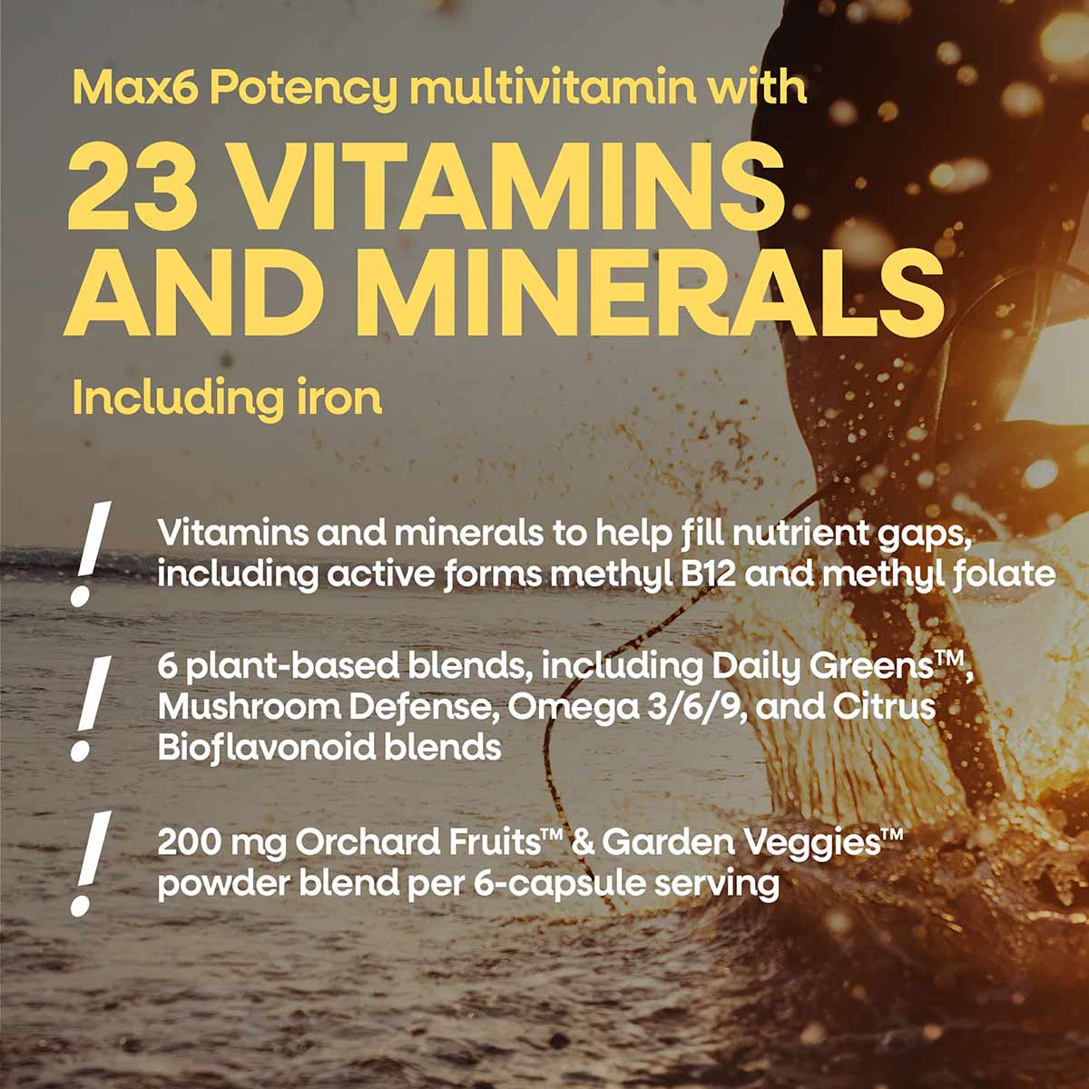 Alive Max6 multivitamin bottle with yellow text listing 23 vitamins and minerals, plant-based blends, and product details.