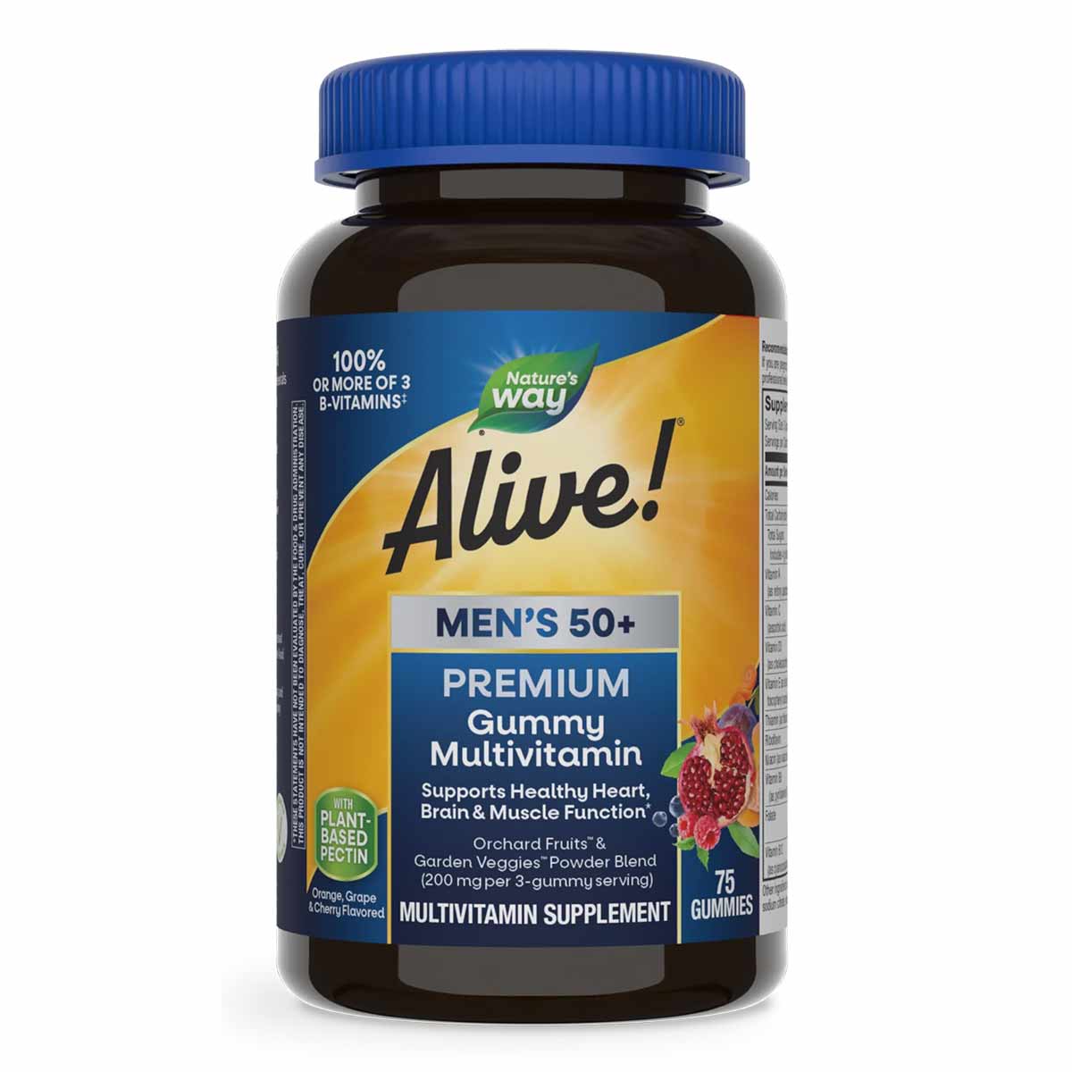 Bottle of Alive Men's 50+ Premium Gummy Multivitamin with blue cap and label showing 75 gummies.