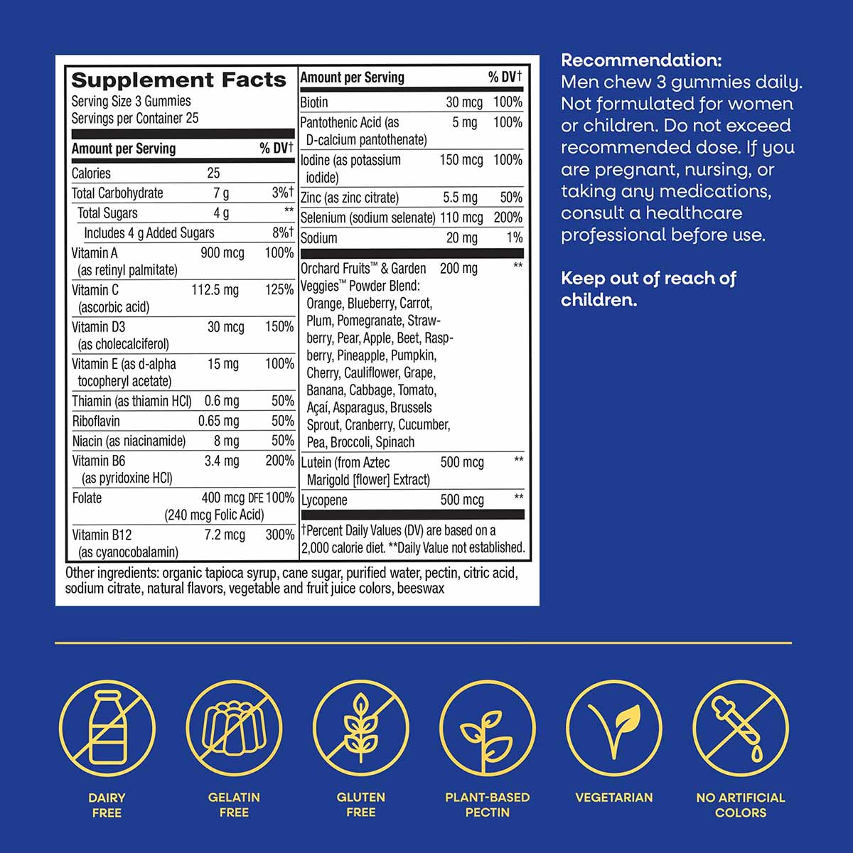 Supplement Facts label for Alive Men's 50+ gummy vitamins showing ingredient amounts and daily values on blue background with