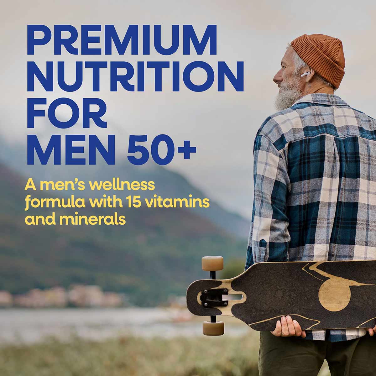 Older man wearing brown beanie and plaid shirt holding skateboard with text describing premium nutrition for men 50+.