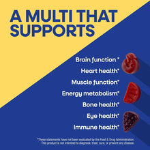 Package for Alive Men's 50+ Gummy Vitamins with text listing benefits and three red gummy vitamins displayed on blue and yell