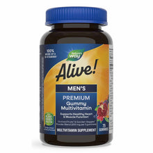 Bottle of Nature's Way Alive Men's Premium Gummy Multivitamin with blue cap and label featuring pomegranate imagery.
