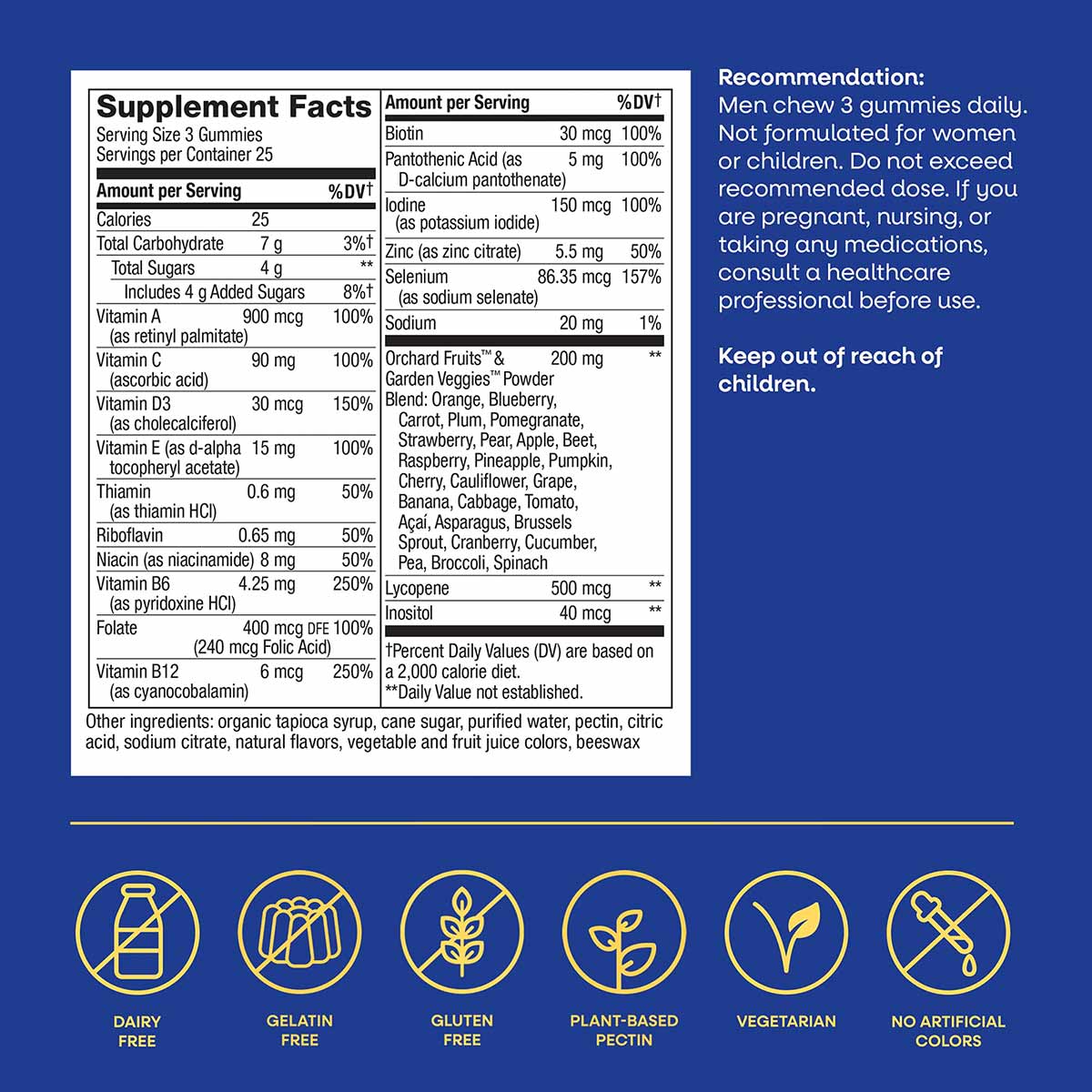 Supplement Facts label for Alive Men's Gummy Vitamins with ingredient list and certification badges on blue background.