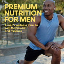 Man in blue tank top and black shorts stretching outdoors with yellow text describing men's gummy vitamins.