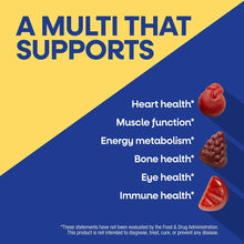 Three red gummy vitamins displayed on blue and yellow background with text listing health benefits.