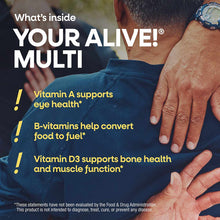 Man wearing blue shirt and watch with text describing Alive Men's Gummy Vitamins ingredients and health benefits.