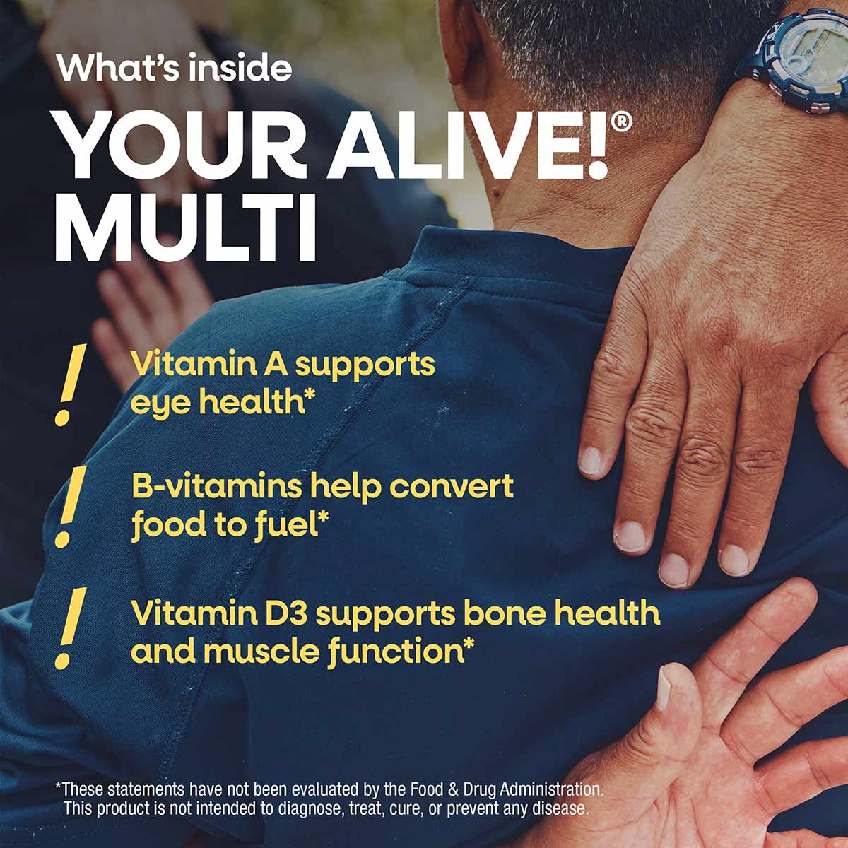 Man wearing blue shirt and watch with text describing Alive Men's Gummy Vitamins ingredients and health benefits.