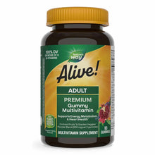 Bottle of Alive Adult Premium Gummy Multivitamin with gold cap and green label showing 90 gummies.