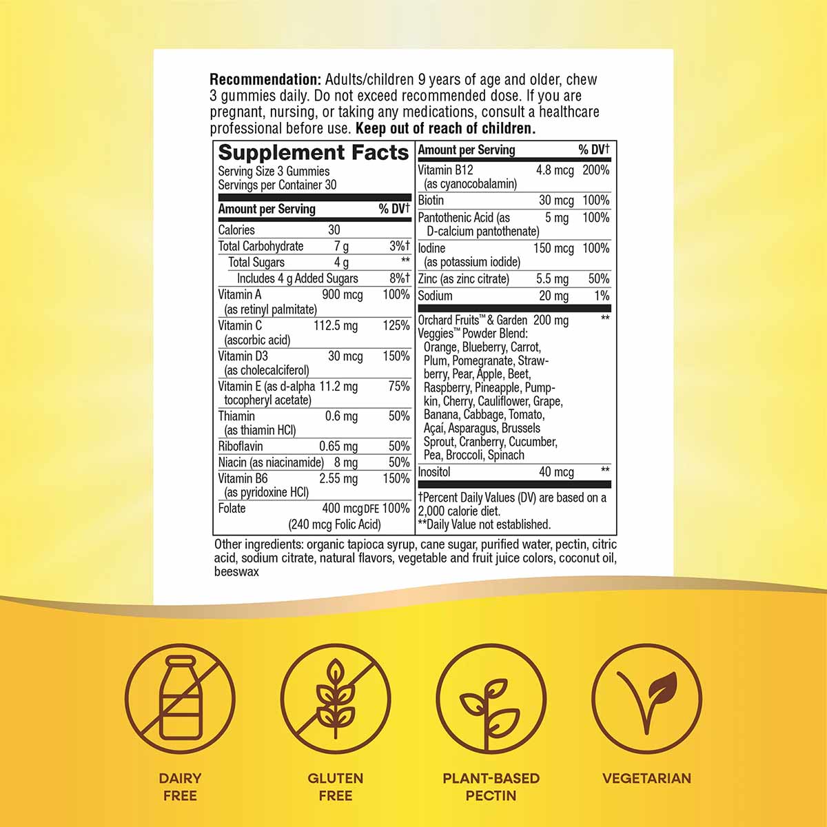 Supplement Facts label for Alive Multi-Vitamin Adult Gummies showing dosage, nutritional information, and dietary attributes 