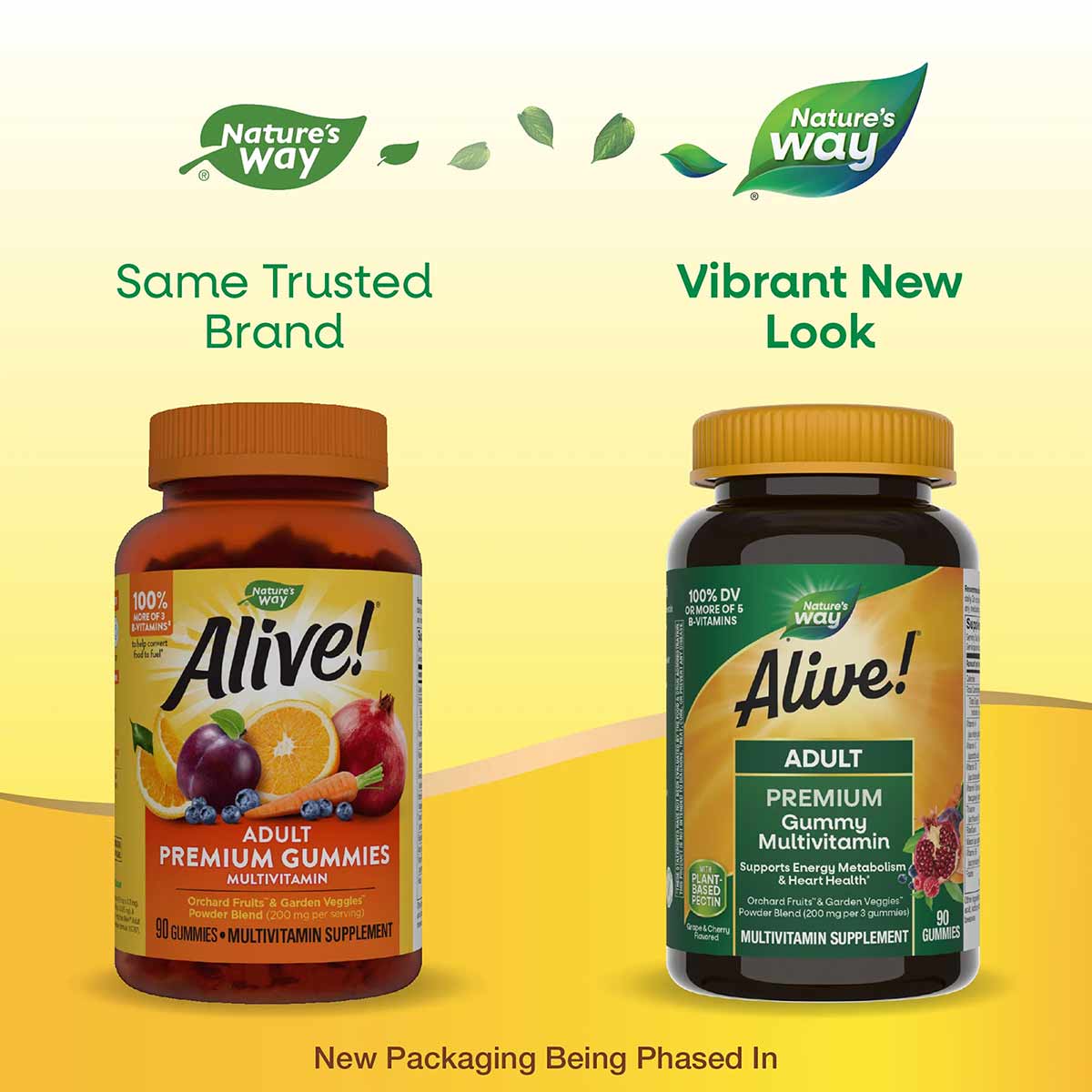 Two bottles of Alive Adult Premium Gummies Multivitamin supplement by Nature's Way showing old and new packaging designs.