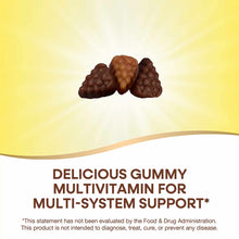 Three brown and tan multivitamin gummies on yellow background with white curved design element.