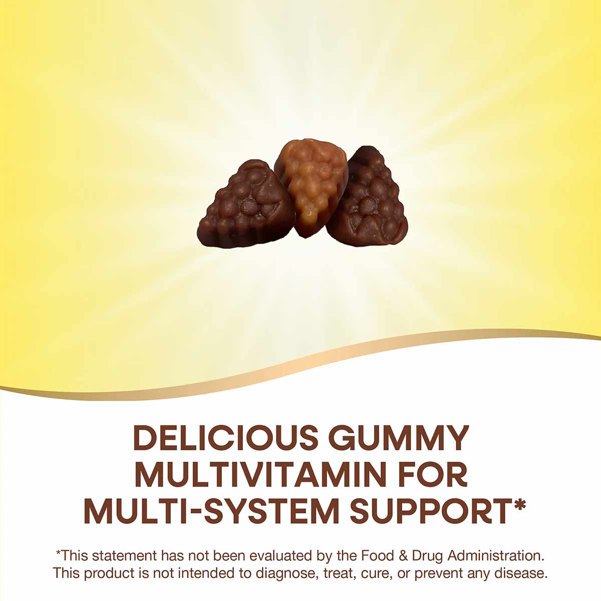 Three brown and tan multivitamin gummies on yellow background with white curved design element.