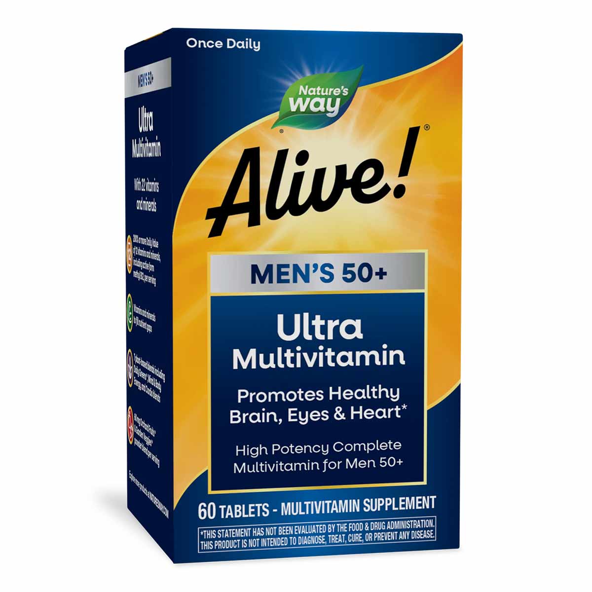 Bottle of Alive! Men's 50+ Ultra Multivitamin by Nature's Way containing 60 tablets with blue and gold packaging.