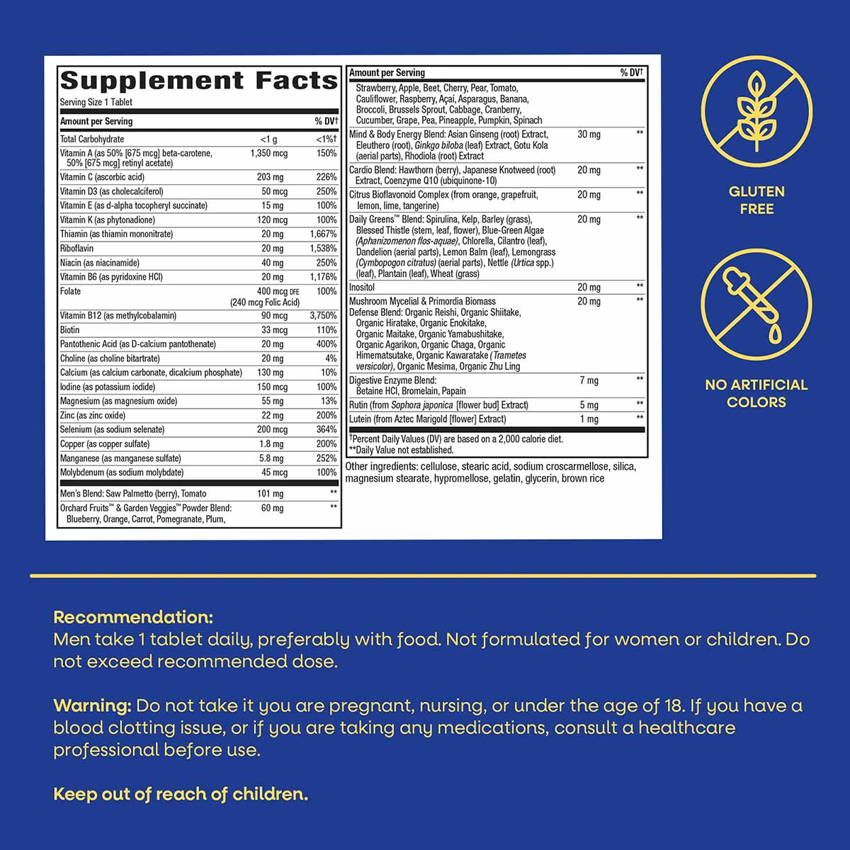 Supplement Facts label for Alive Once Daily Men's 50+ Ultra Potency Multi with gluten-free and no artificial colors badges on