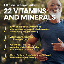 Older man in blue shirt smiling outdoors with text describing multivitamin supplement benefits and ingredients.