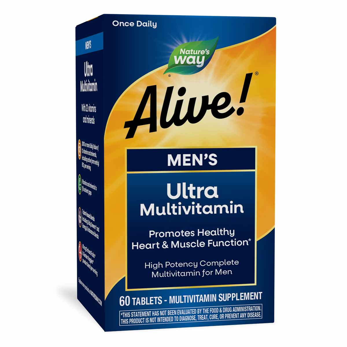 Blue and yellow box of Alive! Men's Ultra Multivitamin by Nature's Way containing 60 tablets.