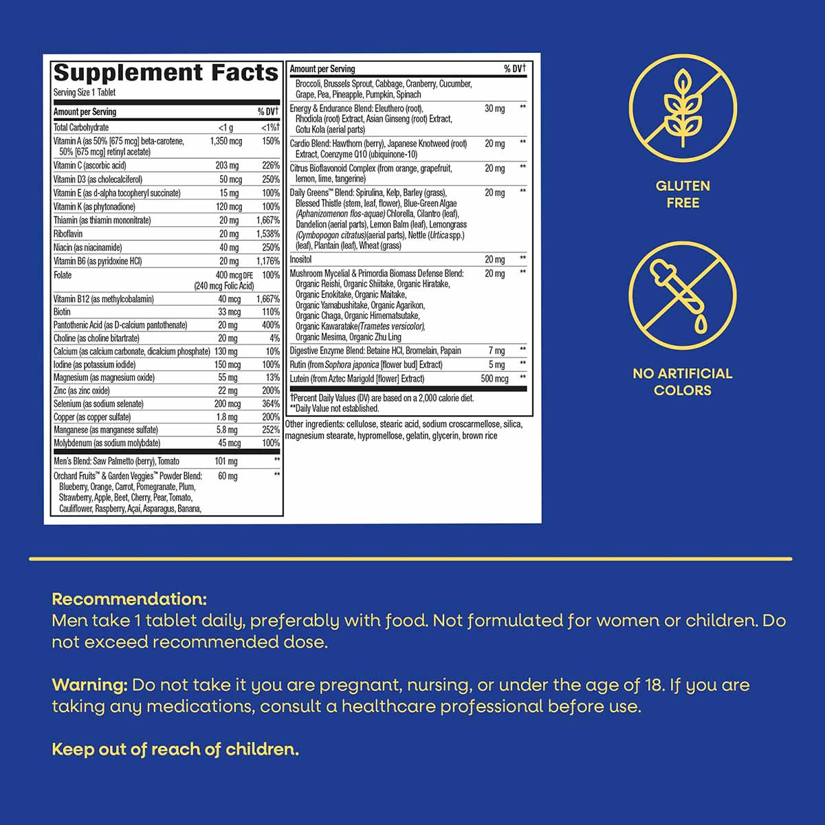 Supplement Facts label for Alive Once Daily Men's Ultra Potency Multi with gluten-free and no artificial colors badges on blu