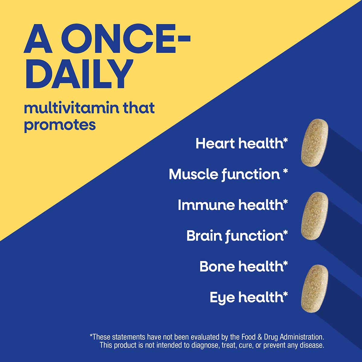 Yellow and blue product packaging for Alive Once Daily Men's Ultra Potency multivitamin with four tan capsules displayed.
