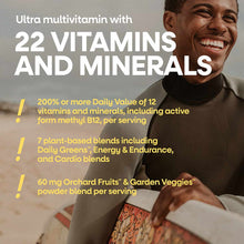 Man in brown turtleneck smiling while holding supplement product packaging with text overlay describing multivitamin contents