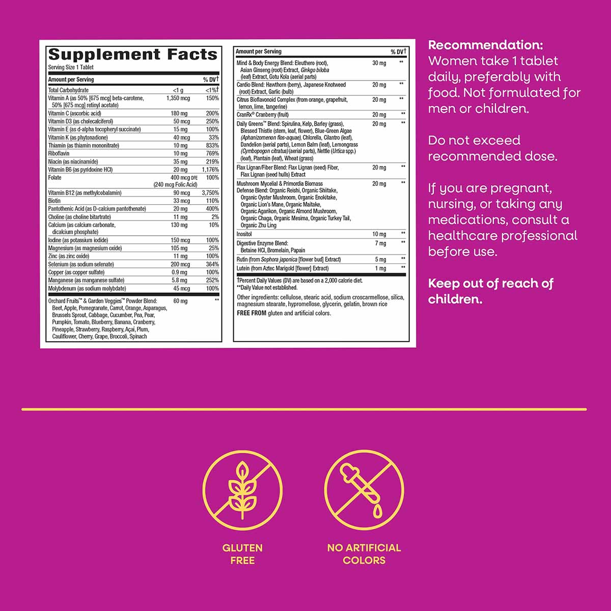 Supplement Facts label on magenta background with usage recommendations and gluten-free and no artificial colors icons below.